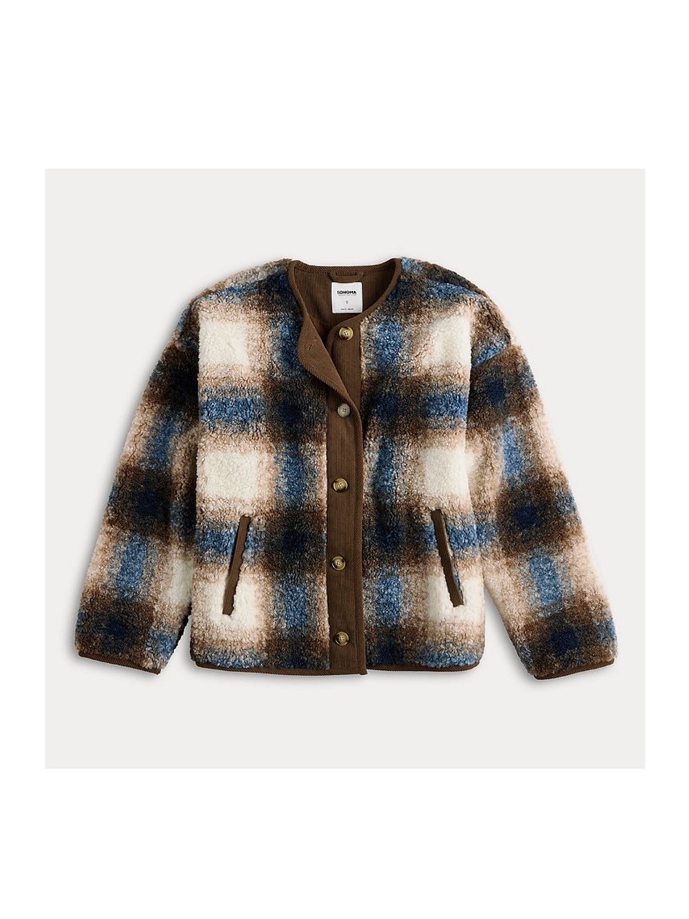 Plaid Teddy Jacket with Button Front - Brown & Blue